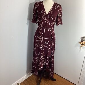 LULUS WOMAN SMALL MAXI WRAP DRESS BURGUNDY FLORAL RUFFLE TRIM PARTY WEDDING